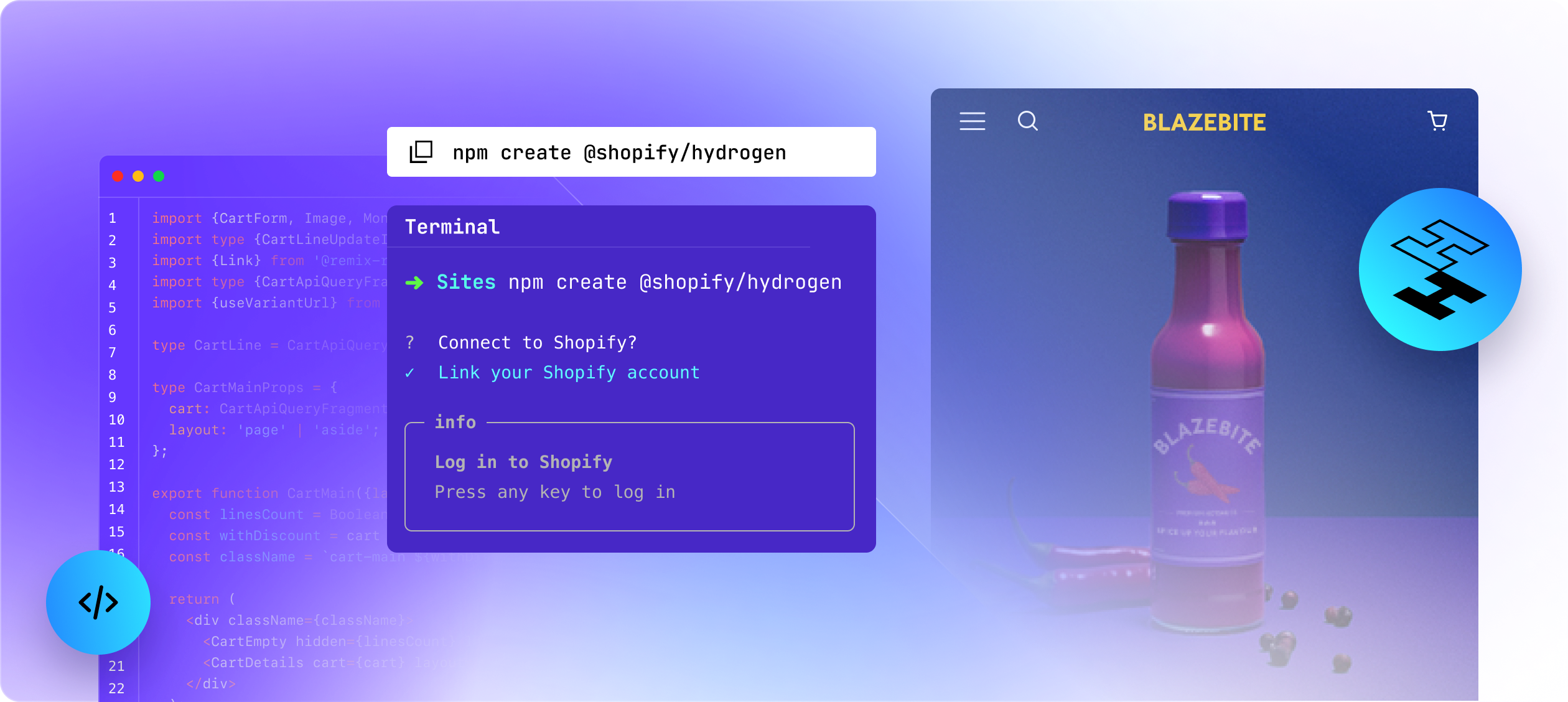 3 screens: a sample of Hydrogen code, a command-line interface, and a website built on Hydrogen